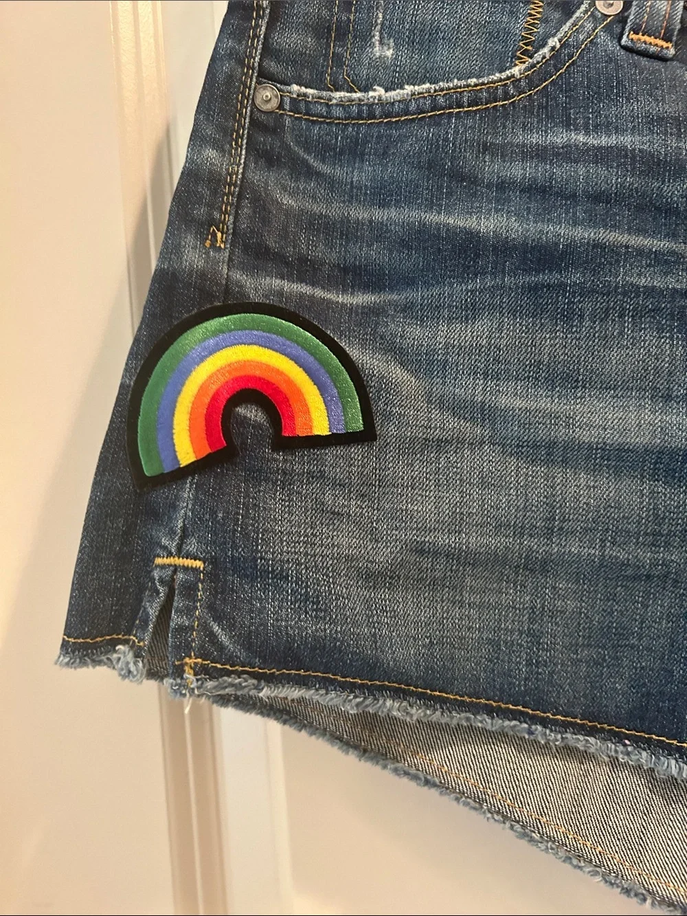 Ag Adriano Goldschmied Blue Denim Shorts with Rainbow and Ladybug Patches - Picture 3 of 11